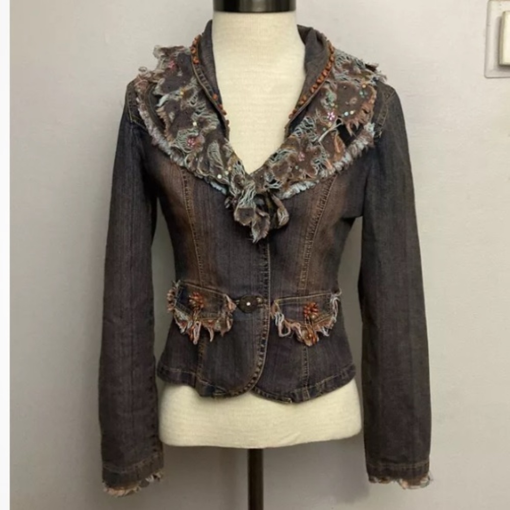 8-28 Freda Five Denim Jacket Small Artsy Beaded Sequin